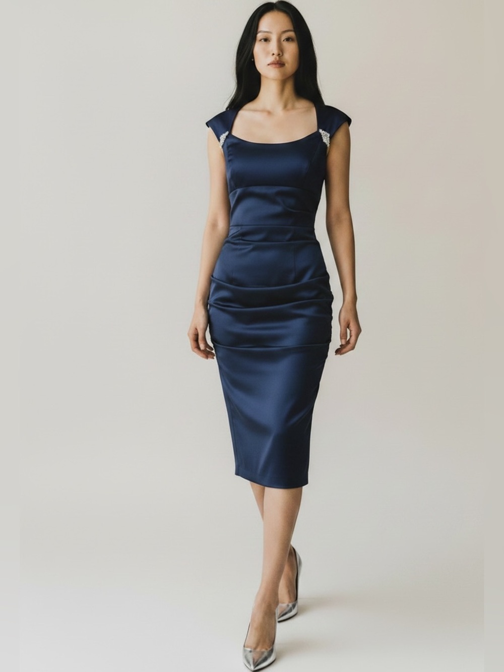 BA Nites Cocktail Party Dress Evening Bodycon Midi Ruched Blue Satin Size 4